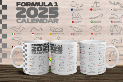 Dárková krabička na hrnek s okénkem Hrneček s motivem kalendáře Formule 1 pro rok 2025 včetně okruhů